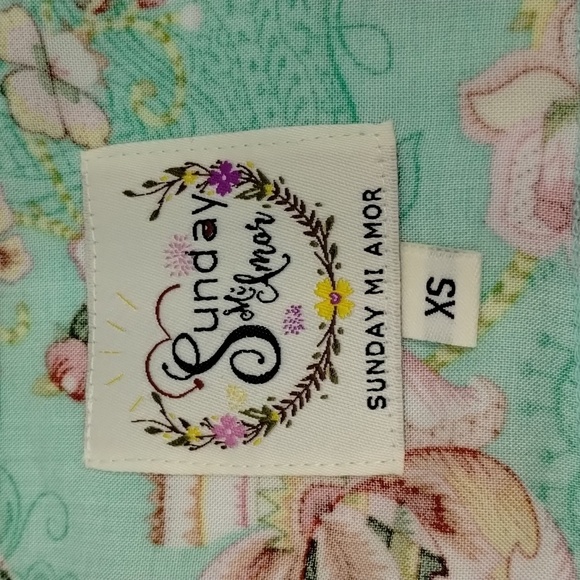 Sunday Mi Amor maxi dress light green pink printed 3 tiered size XS w split - Picture 9 of 12